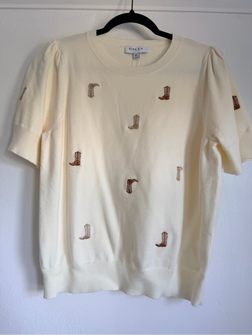 Gilli Cream Crewneck Sweater with Brown Boot Embroidery